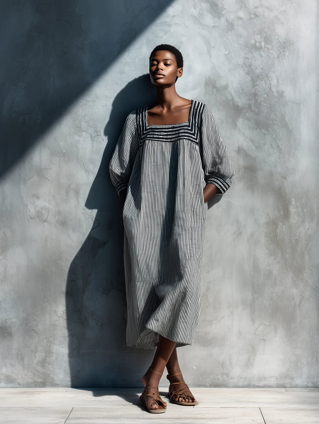 Women's Black White Vertical Stripe Linen Square Neck Puff Sleeve Pocket Loose Midi Dress MDZ0881G8YZJ