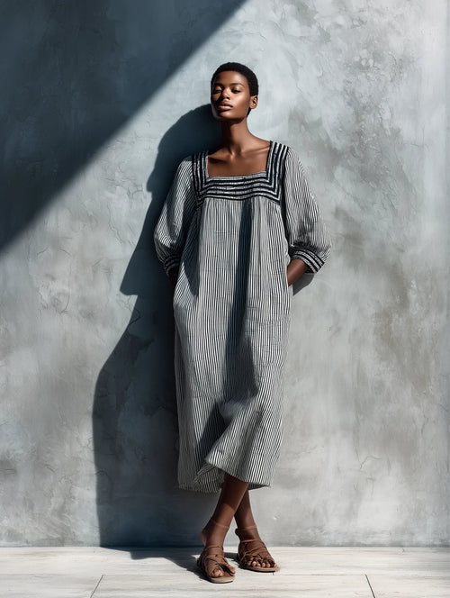 Women's Black White Vertical Stripe Linen Square Neck Puff Sleeve Pocket Loose Midi Dress MDZ0881G8YZJ