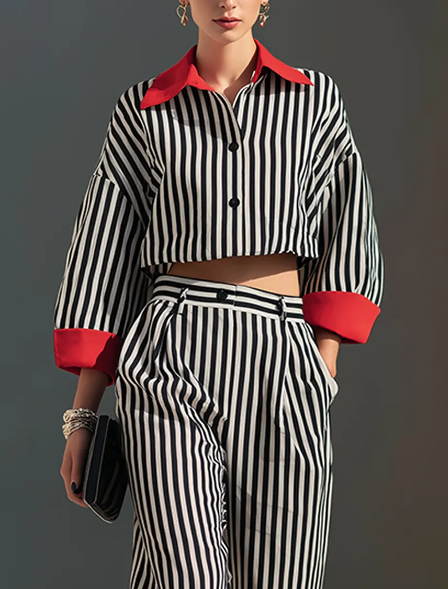 Women's Minimalist Cotton-Linen Blend Color-Block Collar Cropped Shirt & Cuffed Wide-Leg Pants Set MDZ0936G2ZRK