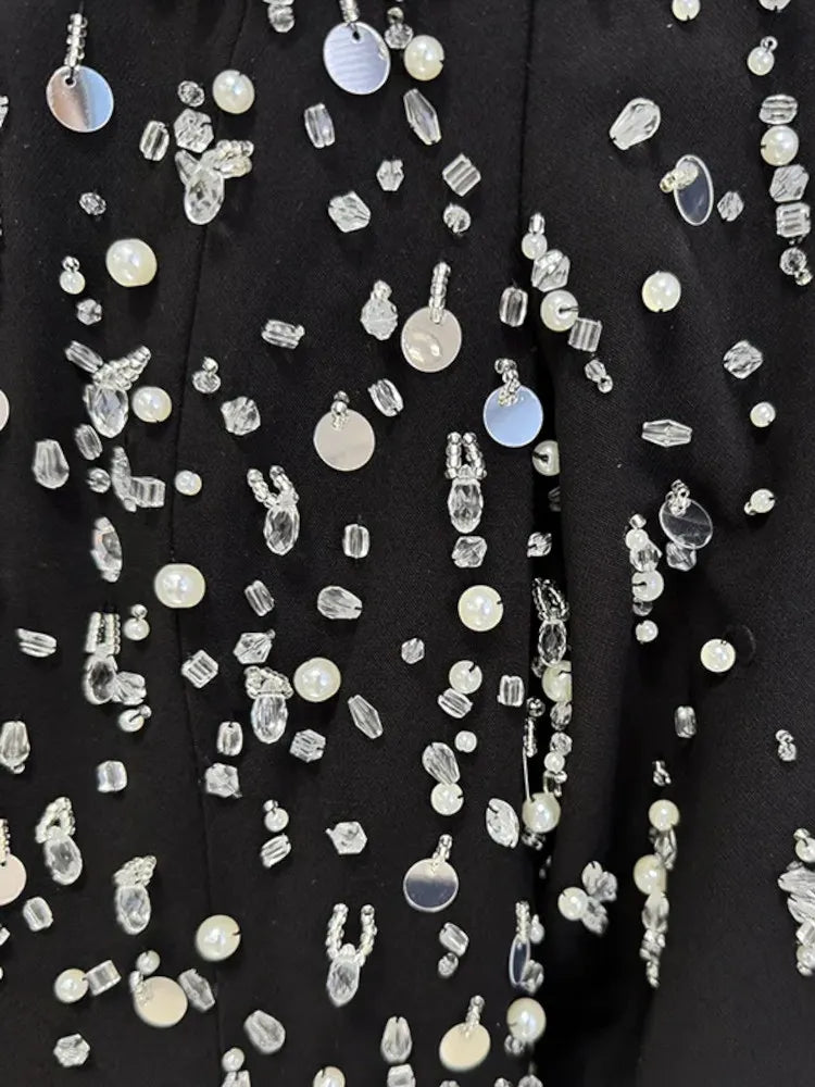 Long Sleeve Crystal Pearl Sequin Maxi Dress Black