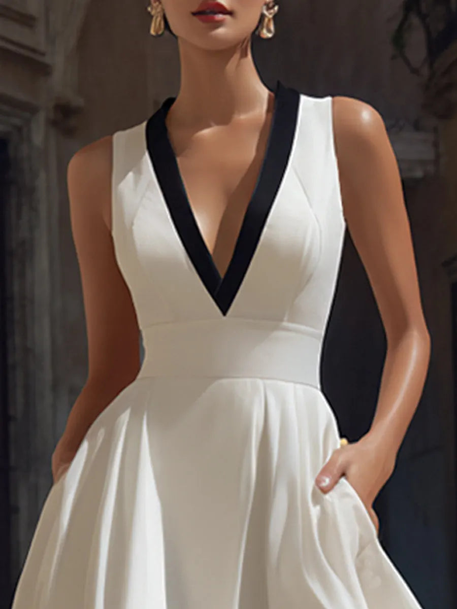 Elegant V-Neck A-Line Midi Dress With Contrast Trim And Pockets
