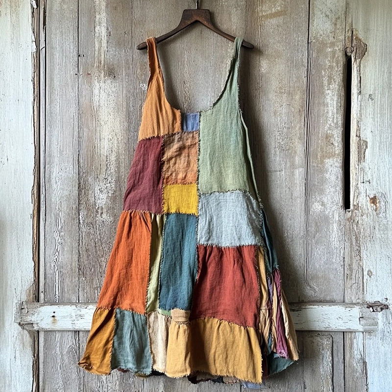 Multicolor Patchwork Linen Blend Midi Dress cd05