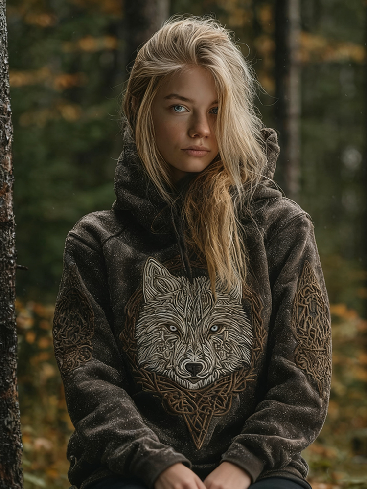 Vintage Viking Style Wolf Totem Women's Hooded Sweatshirt
