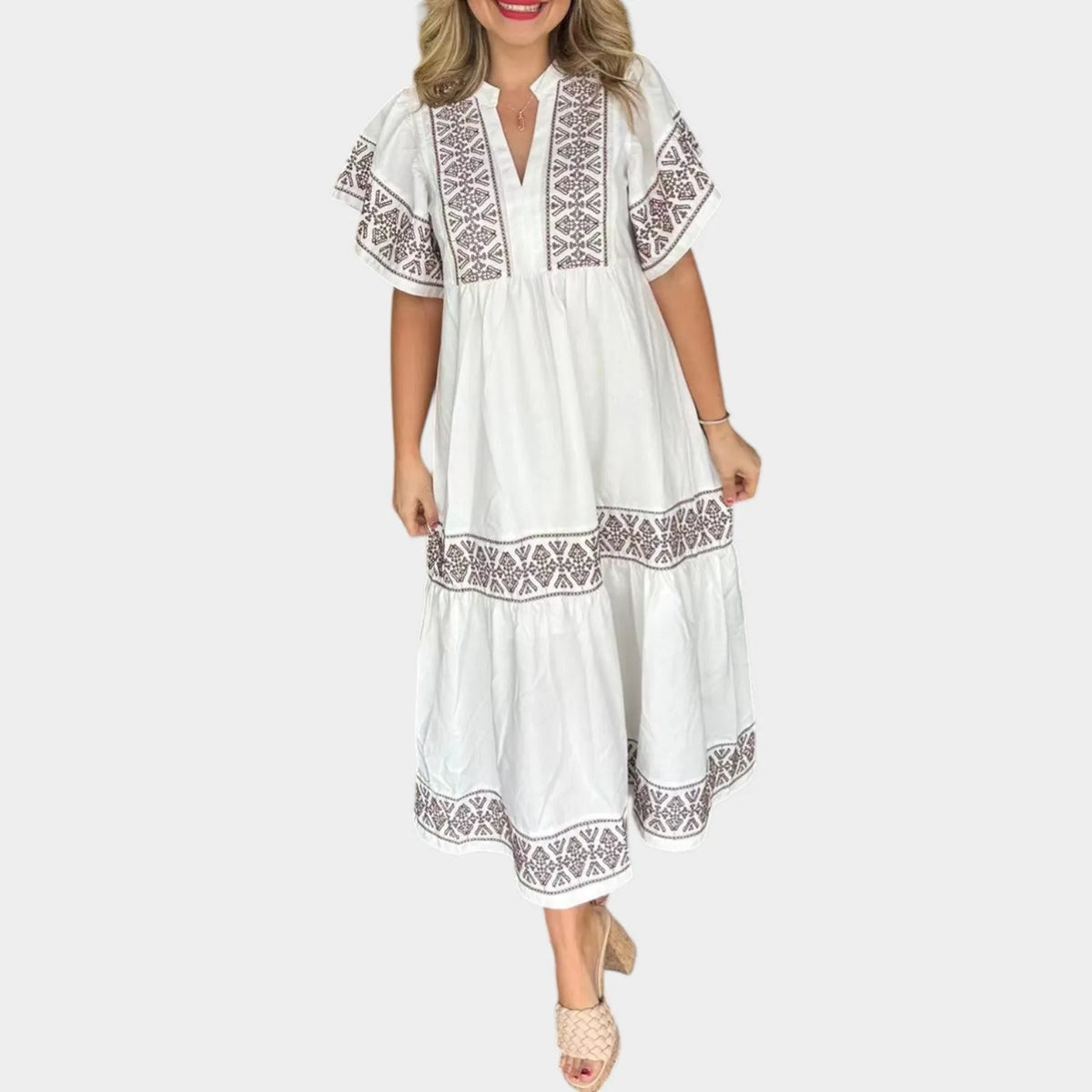 Boho Embroidered Tiered Midi Dress