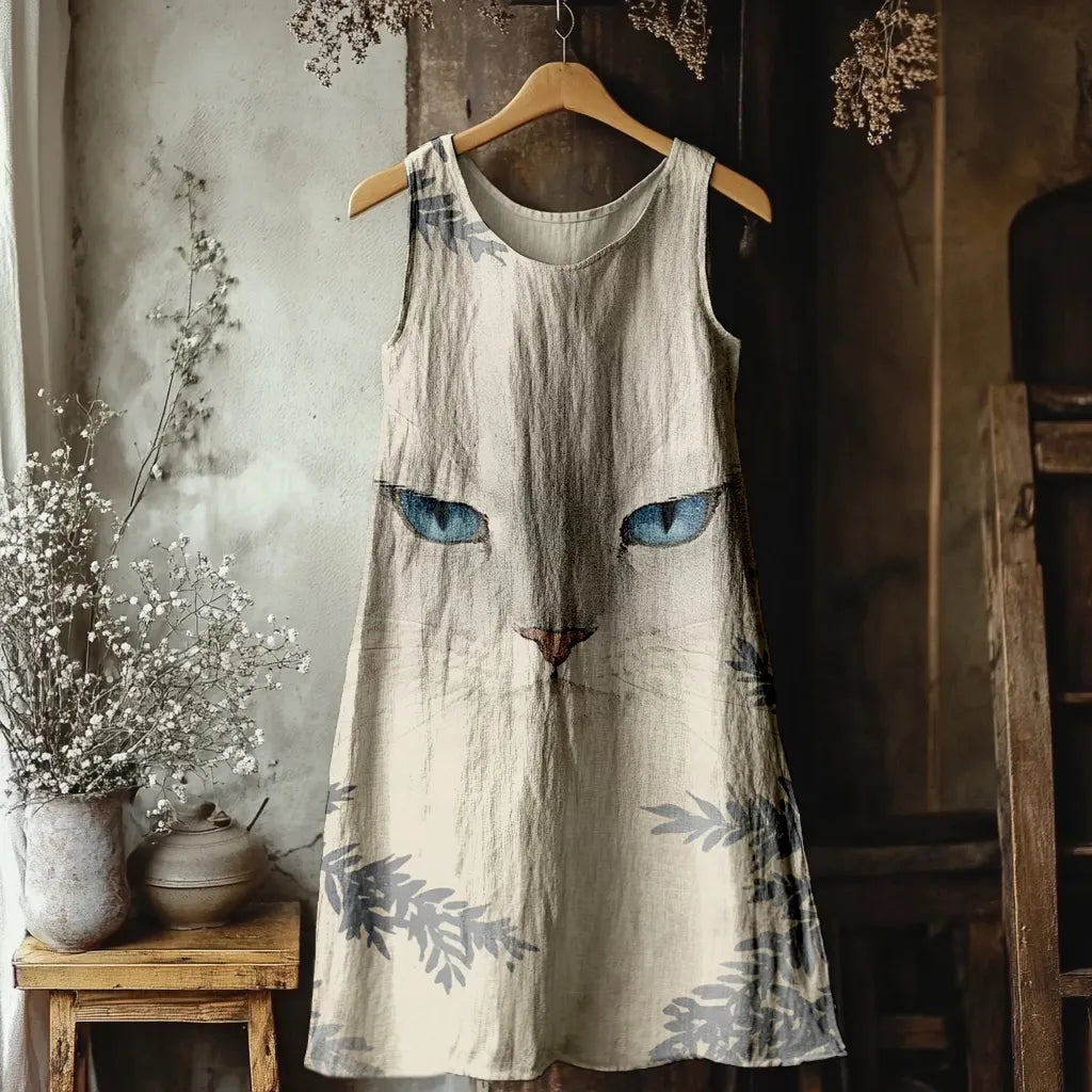 Vintage Cute Cat Print Linen Tank Dress