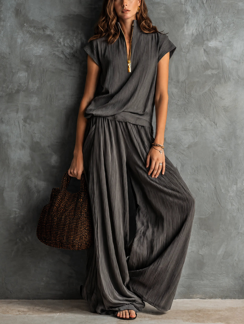 Women's Casual Grey Woven Pleated Short-sleeve Top Paired With Trousers MDZ1752G5LXY