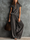 Women's Casual Grey Woven Pleated Short-sleeve Top Paired With Trousers MDZ1752G5LXY