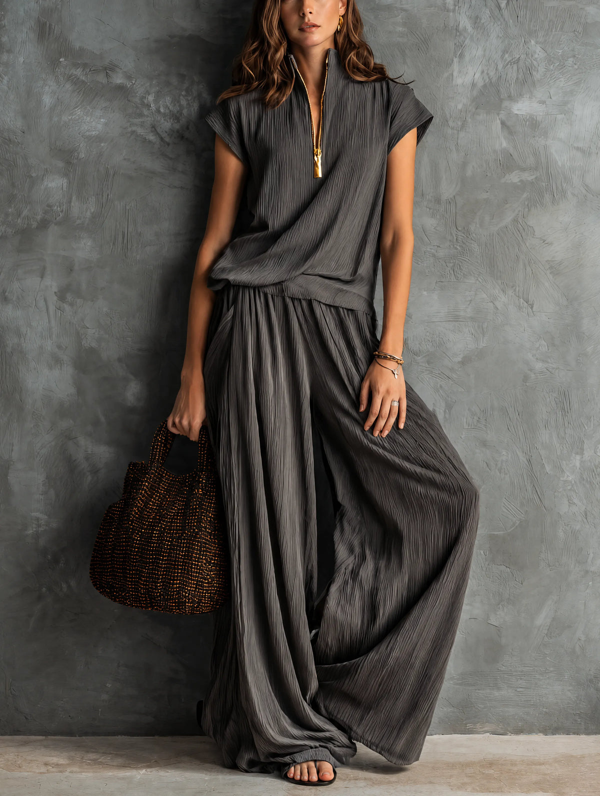 Women's Casual Grey Woven Pleated Short-sleeve Top Paired With Trousers MDZ1752G5LXY