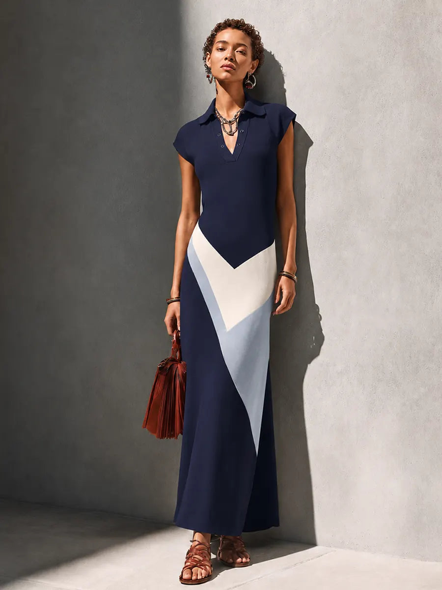Women’s Minimalist Commuter Navy Blue Cotton Blend Polo Collar Short-Sleeved V-Neck Color-Blocked Long Knit Dress MDZ0697G4GMJ
