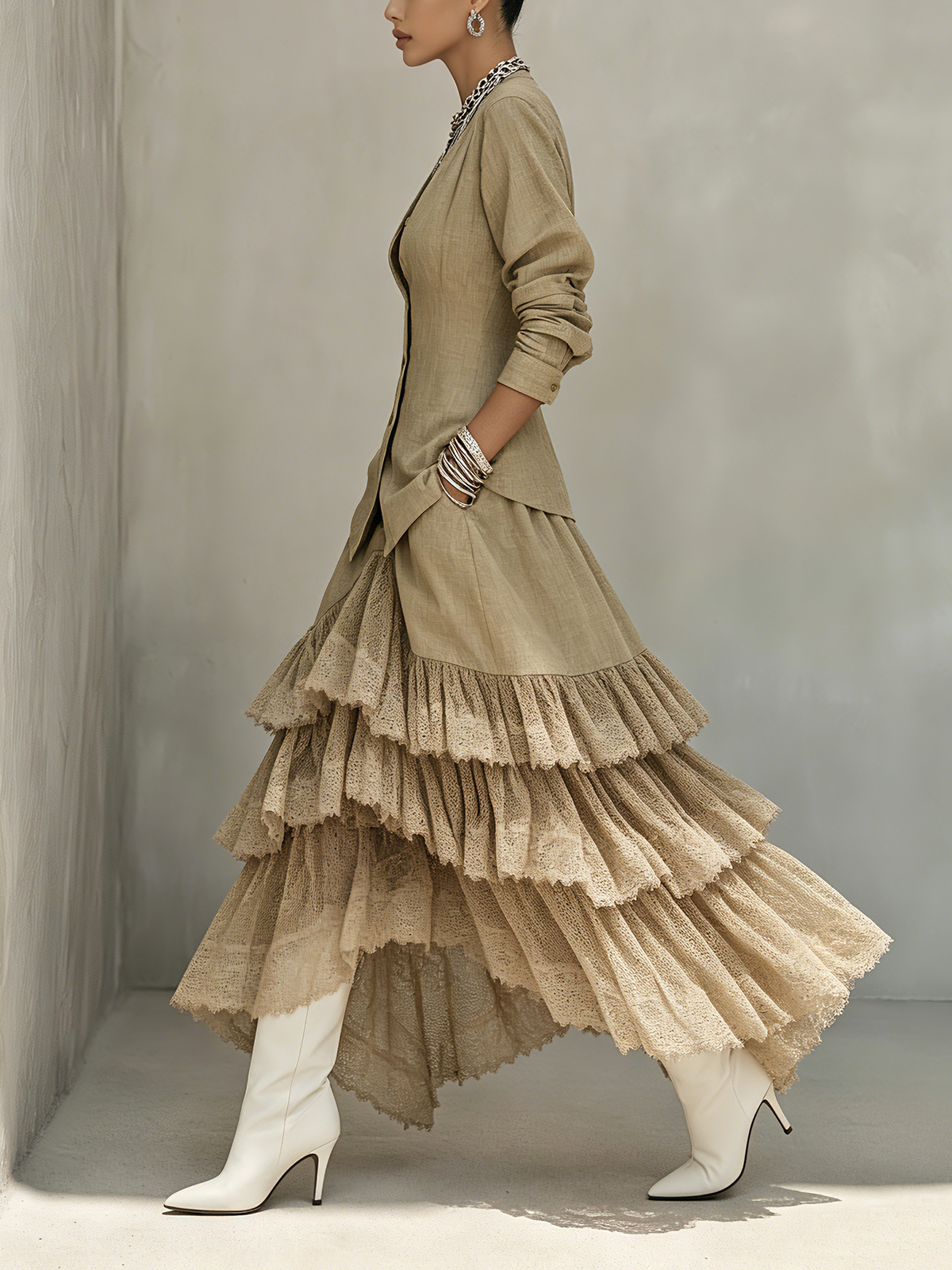 Khaki Textured Button-Front Top And Tiered Ruffle Skirt Set