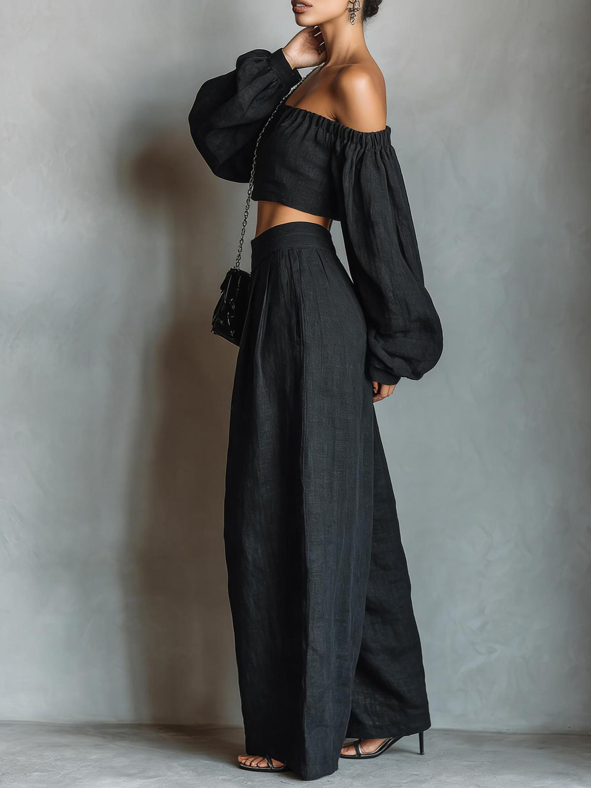 Momocco Elegant Off-Shoulder Puff Sleeve Two-Piece Set - Flowy Wide Leg Pants Resort Wear