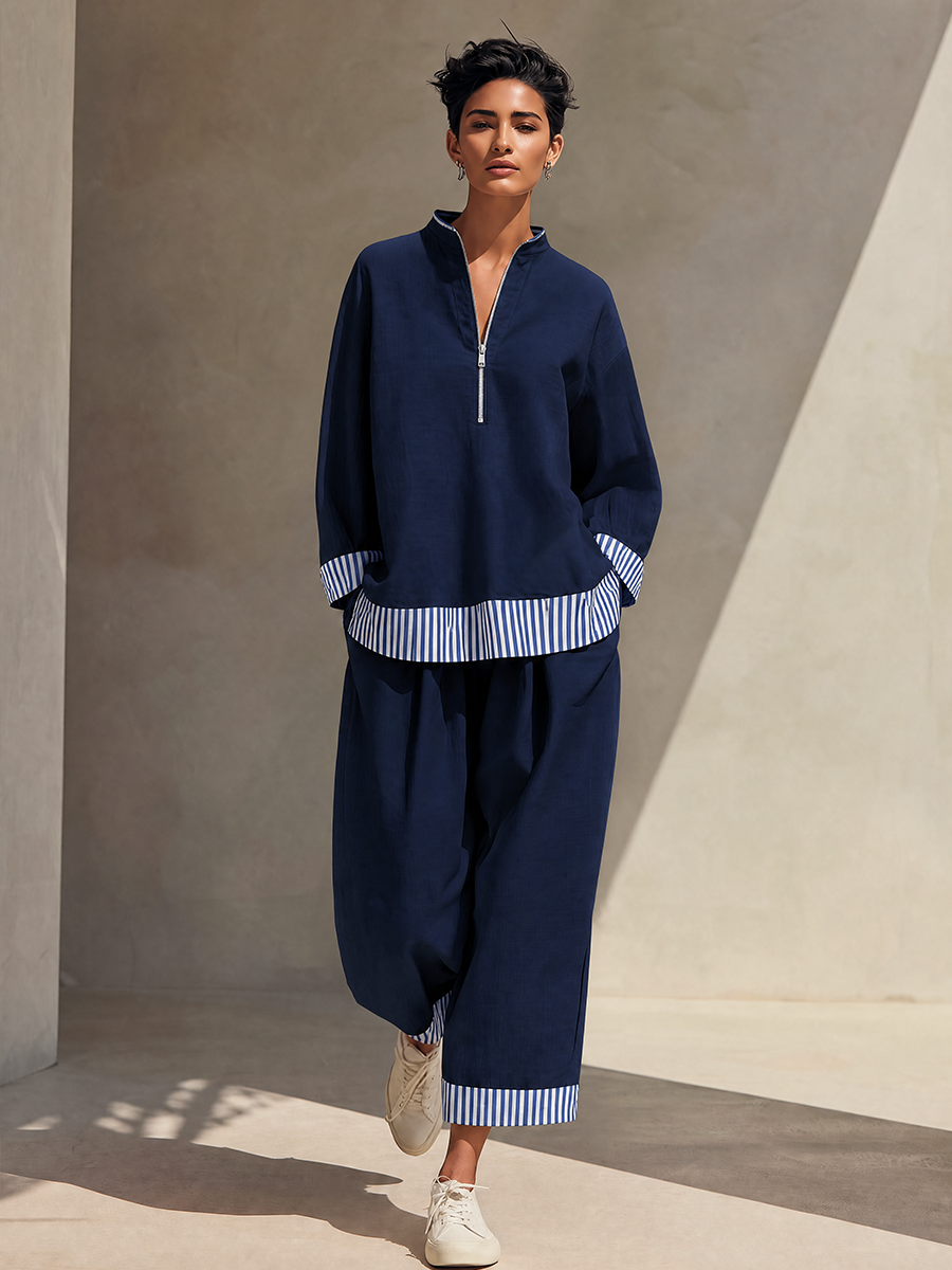 Women's Navy Cotton Blend Half Zip Stand Collar Striped Trim Top & Wide Leg Pants Two-Piece Set MDZ2464G0ZRK
