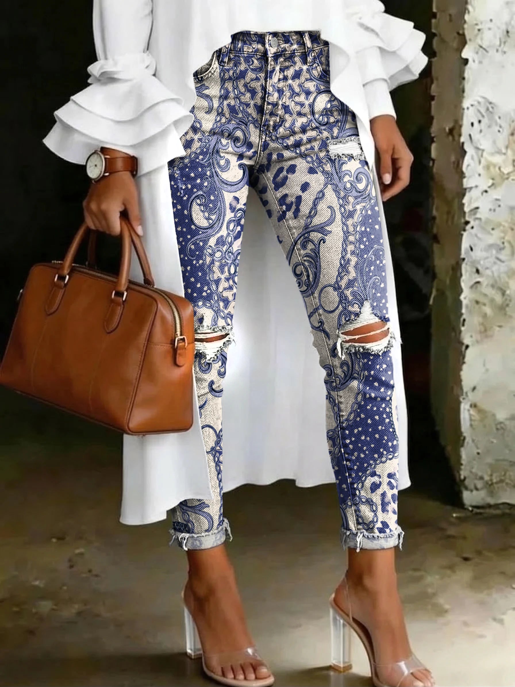 Women's Fashion Ombré Leopard-print Floral Artistic-print Casual Skinny Ripped Jeans