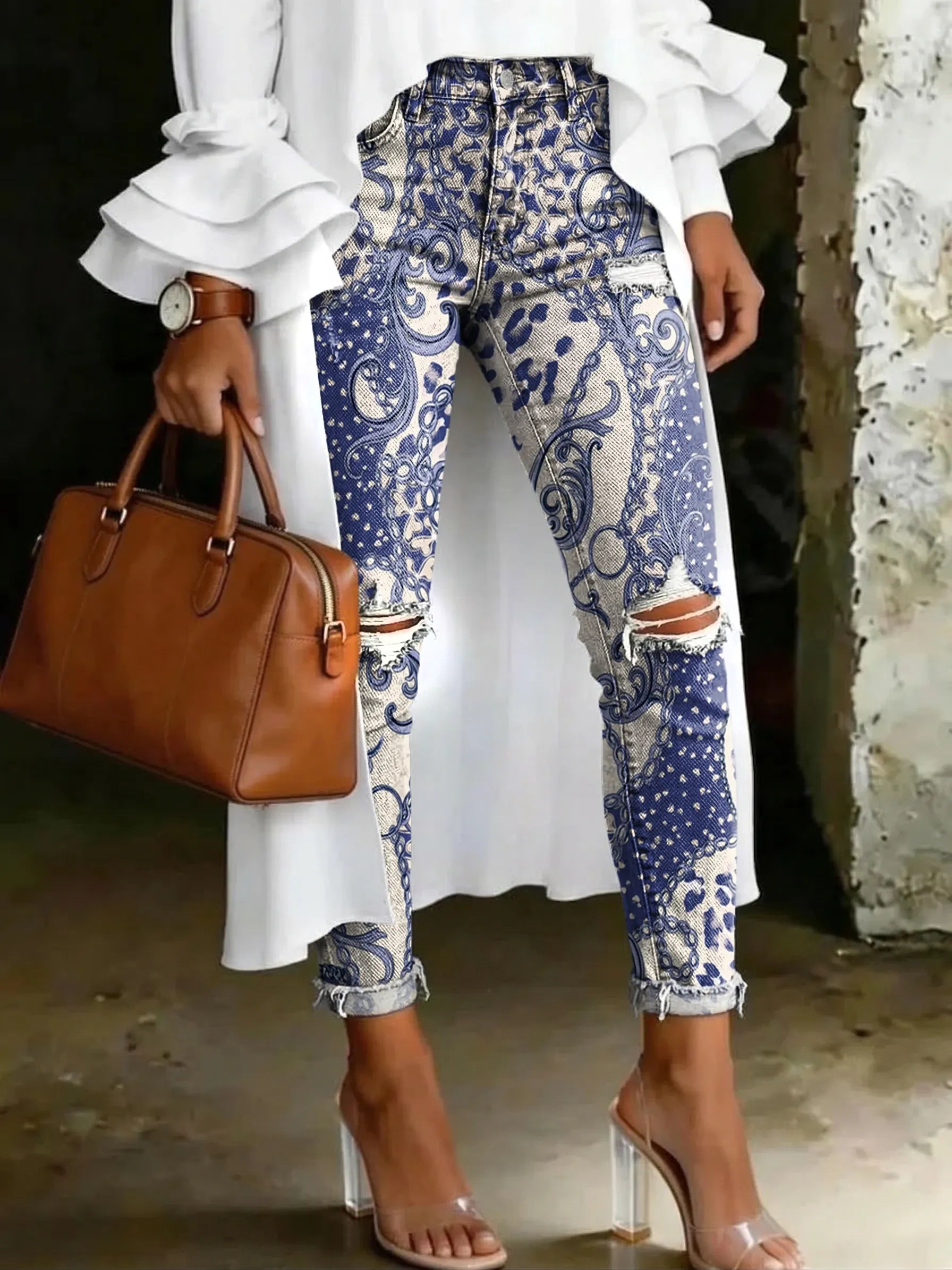 Women's Fashion Ethnic Floral And Leopard Print Artistic Print Casual Skinny Ripped Jeans