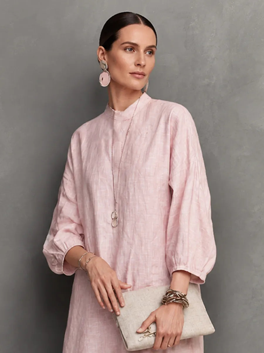 Women's Relaxed Style Light Pink Linen Cotton Stand Collar 3/4 Sleeve Fringe Slit Midi Dress MDZ0117G8GMJ