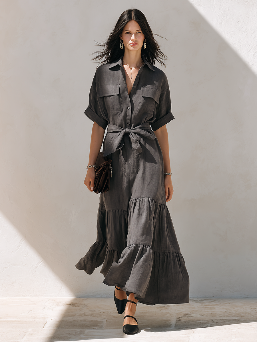 Women's Minimalist Solid‑Dark‑Grey Linen‑Blend Shirt‑Style Maxi Dress MDZ1576G4ZRK