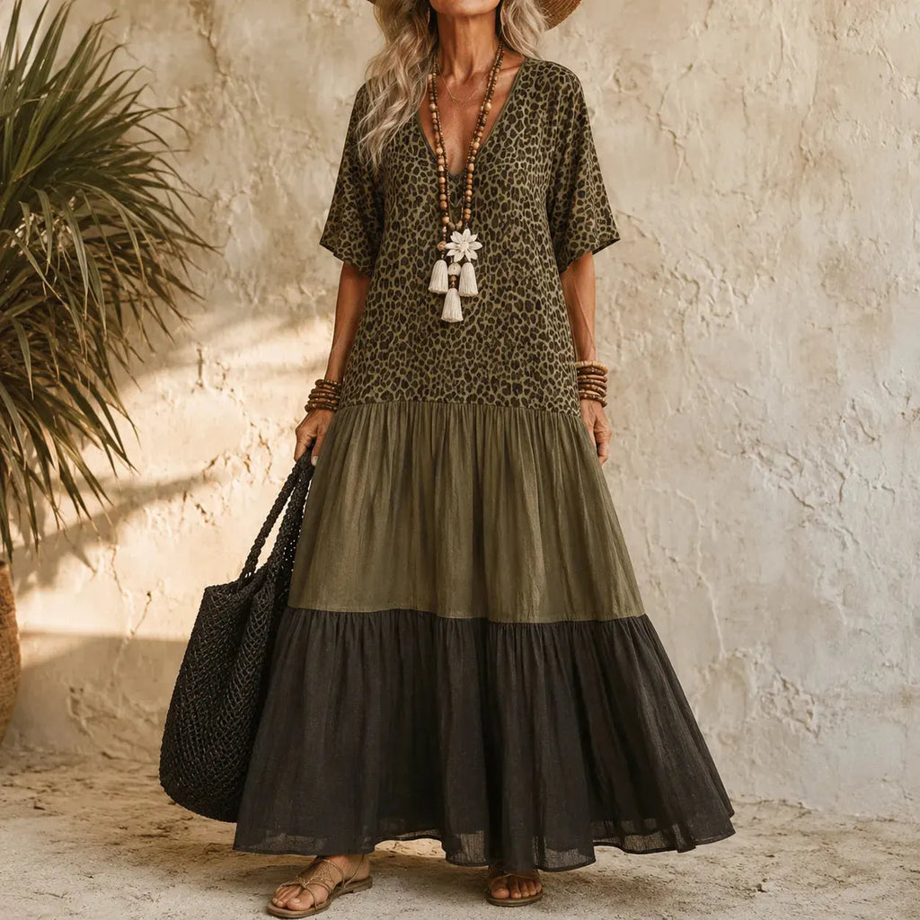 Marenza – Boho Tiered Maxi Dress with Leopard Bodice, Color-Block Skirt, V-Neck