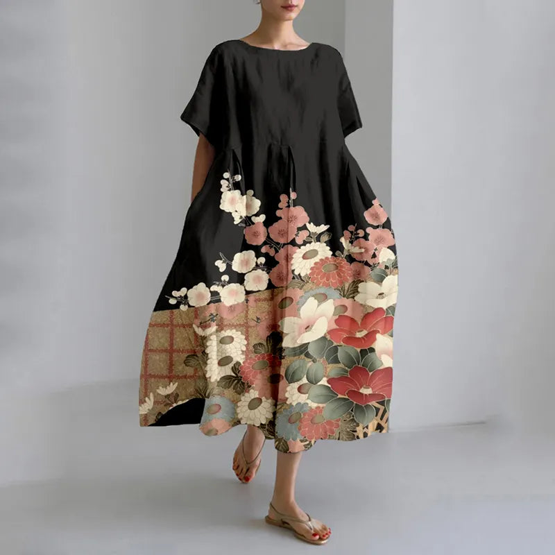 Vintage Japanese Flower Art Linen Blend Midi Dress