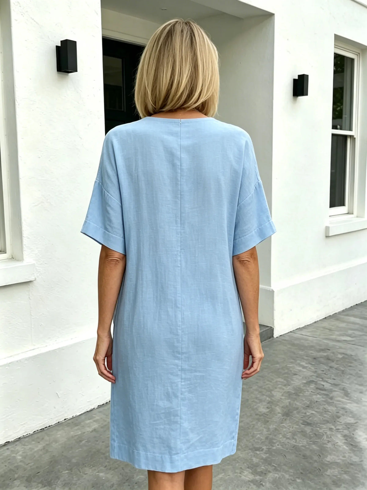 Short Sleeve V-Neck Cotton and Linen Loose Summer Dress