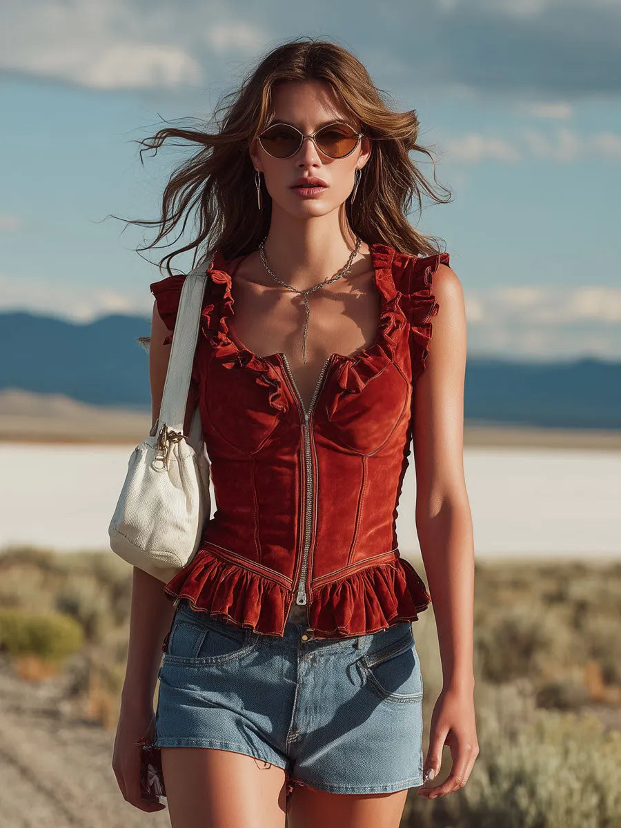 Bohemian Western Retro Red Faux Suede Ruffled Sleeveless Shirt