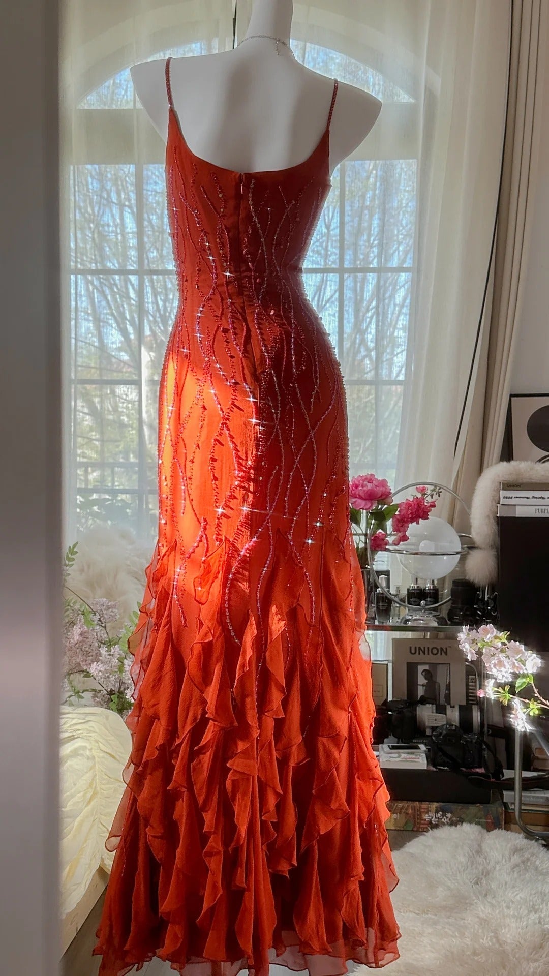 Orange Beautiful Charming Fashion Elegant Shiny Exquisite Beaded Long Chiffon Ball Gown Evening Gown Birthday Party Gown Prom Gown Graduation Gown 3947