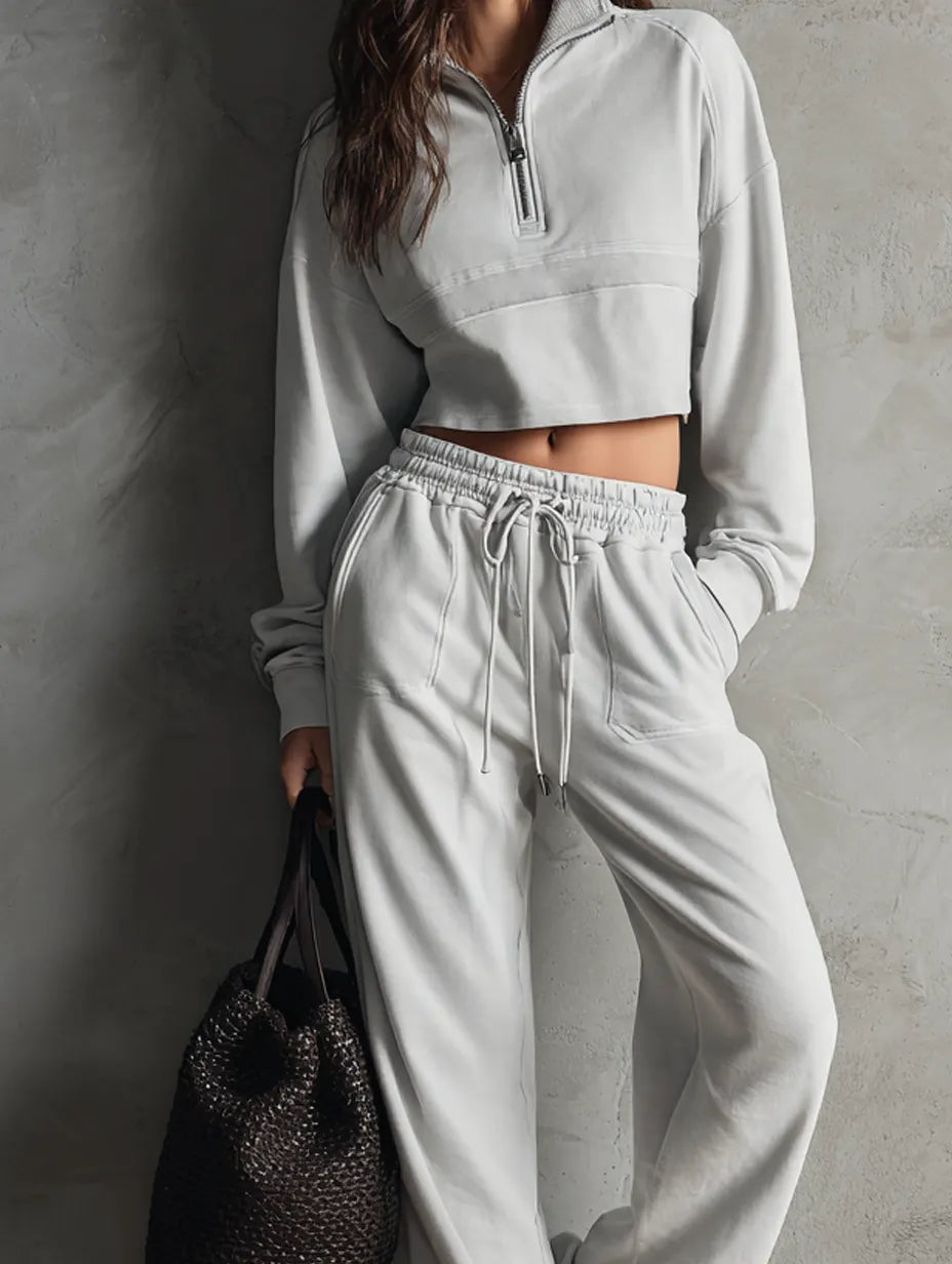 Women's Casual Light Gray Long-sleeved Sweatshirt Paired With Trousers MDZ1744G5LXY