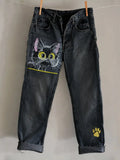 Lovely Black Cat Paw Print Embroidered Washed Jeans