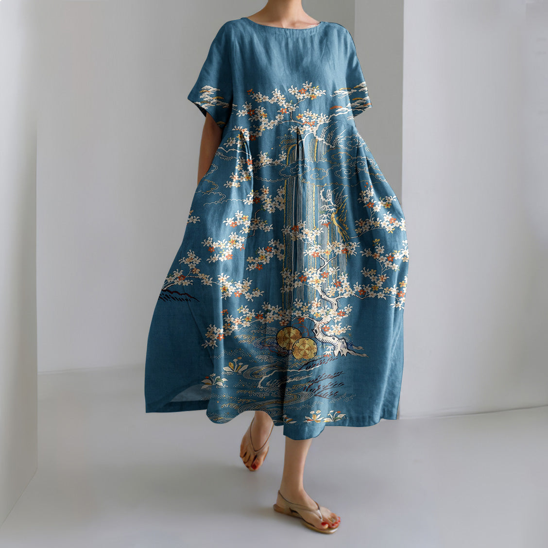 Women's Vintage Japanese Flower Art Short Sleeve Midi Dress