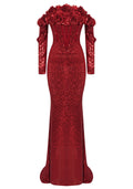 Long Sleeve Floral Bardot Sequin Maxi Dress Red