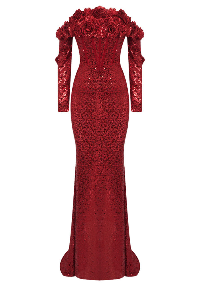 Long Sleeve Floral Bardot Sequin Maxi Dress Red