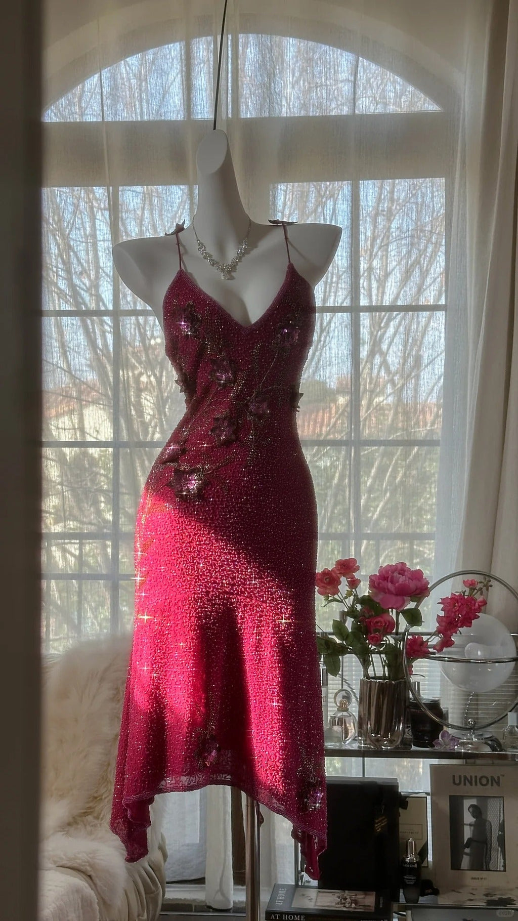 Pink Gorgeous Elegant Romantic Exquisite Beaded Sequin Midi/Short Chiffon Ball Gown Evening Dress Birthday/Wedding Guest Party Dress Prom Dress 4019