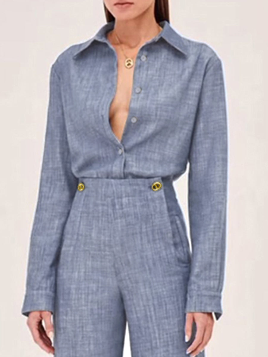 Long Sleeves Solid Color Split-Joint Lapel Blouses&Shirts Tops