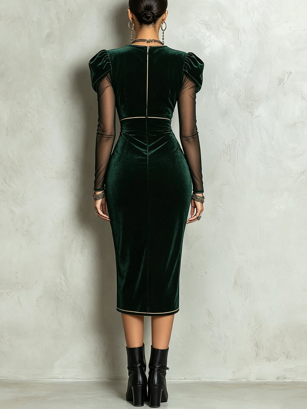 Deep V-neck Green Velvet Mesh Sleeve Midi Dress