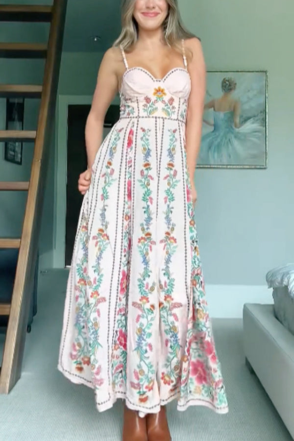 Delicate Forest Unique Print Sweetheart Neck Beaded Straps Maxi Dress