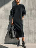 Women's Black Knitted Sweatshirt Fabric Exposed Seam Round Neck Loose Long Sleeve Pocket Midi Dress With White Piping Trim MDZ1549G0YZJ