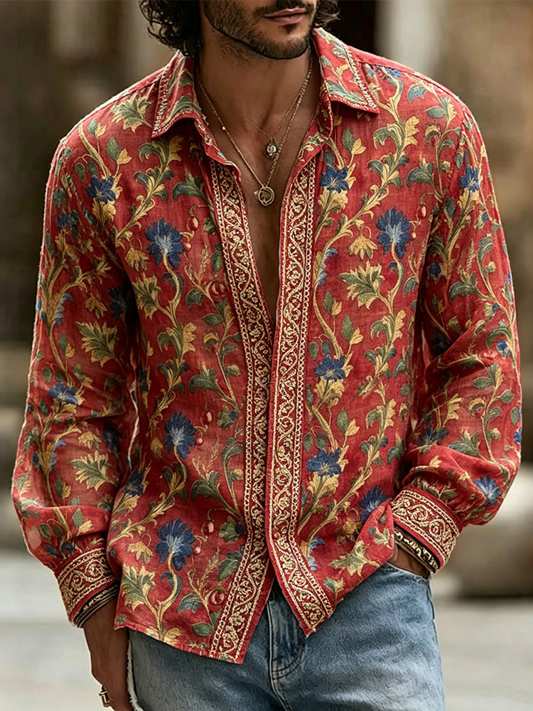 Men's Vintage Medieval Floral Art Pattern Linen Blouse