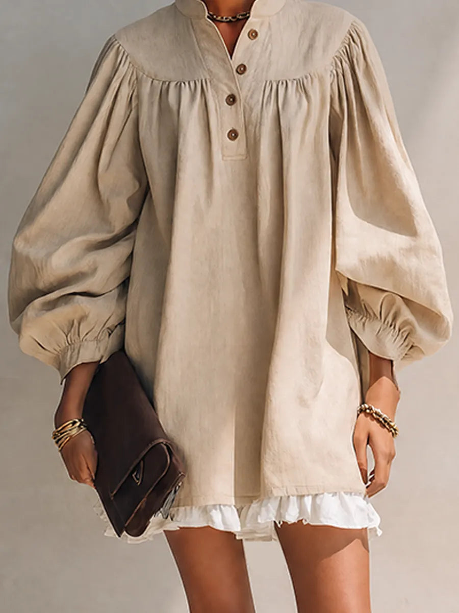 Women's Beige Cotton Blend Stand Collar Balloon Sleeve Mini Shirt Dress MDZ1784G0ZRK