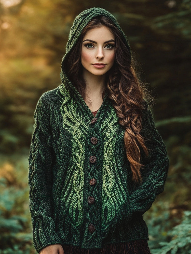 Women's Celtic Knotted Contrast Gradient Button Hooded Pocket Sweater