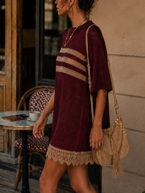 Wine Red Knit Mini Dress With Beige Lace Hem And Striped Panel