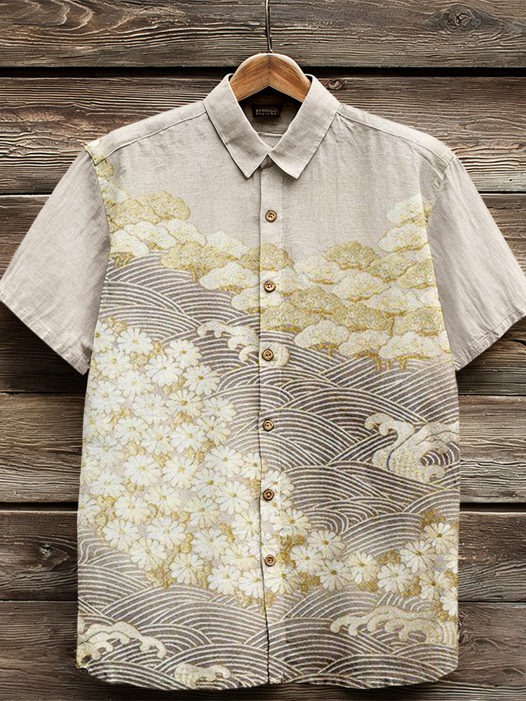 Vintage Japanese Art Pattern Comfy Linen Shirt