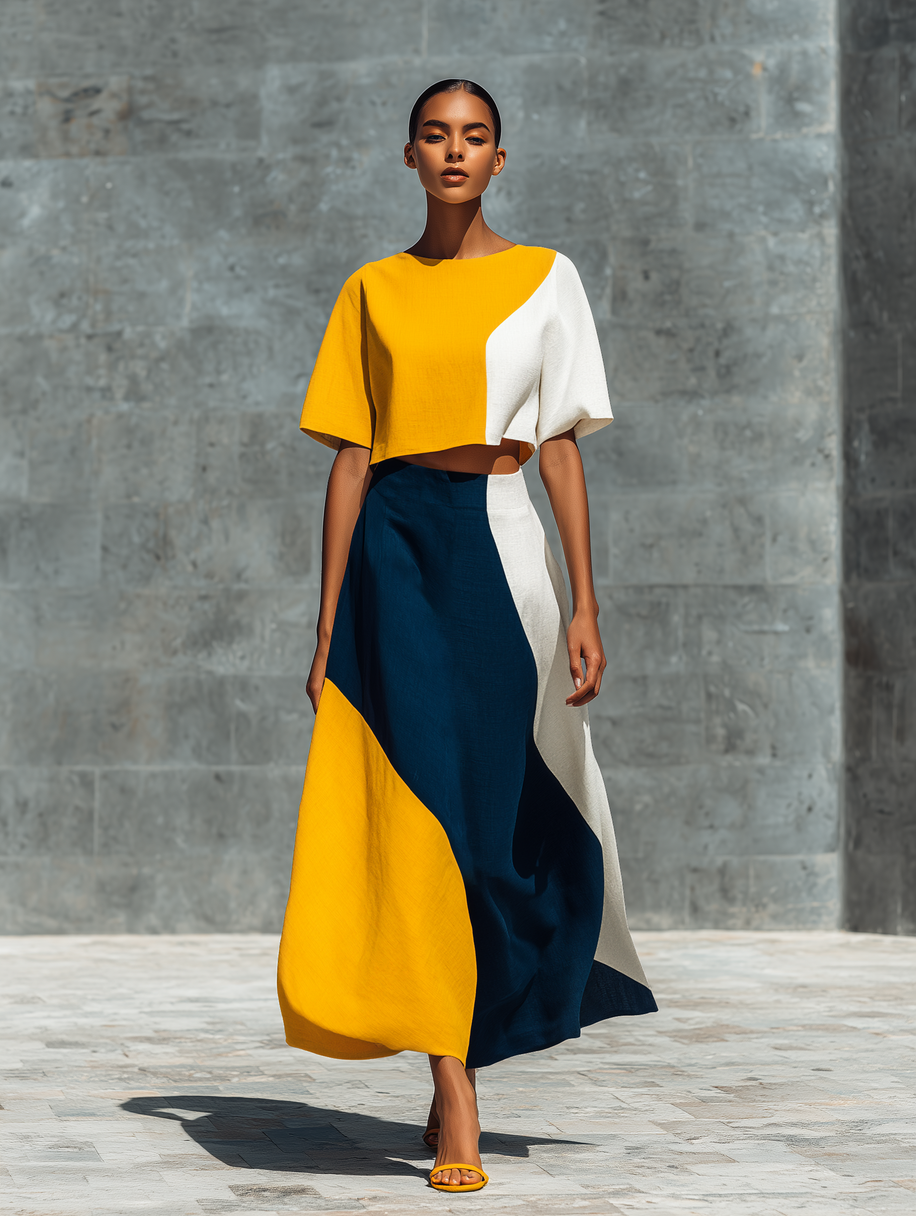 Women’s Color Block Linen Round Neck Puff Sleeve Crop Top & High Waist Asymmetric Color Block Midi Skirt Two-Piece Matching Set MDZ2654F3T