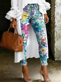Women's Fashion Vintage Floral Prints High-waisted Ripped Skinny Jeans