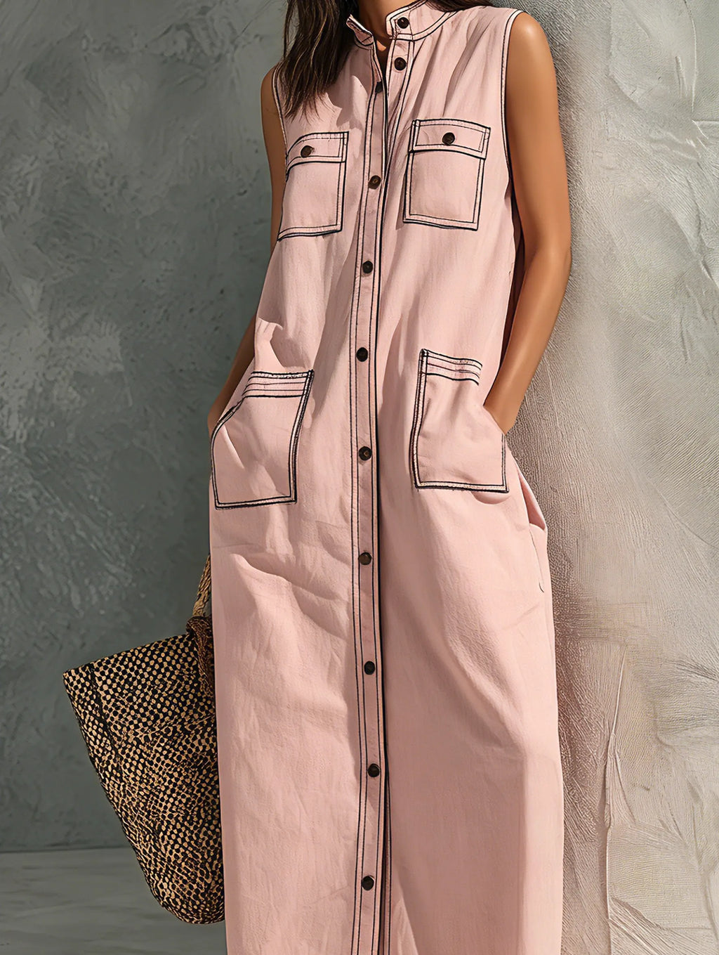 Women's Casual Pink Woven Sleeveless Maxi Dress MDZ2631F2LXY