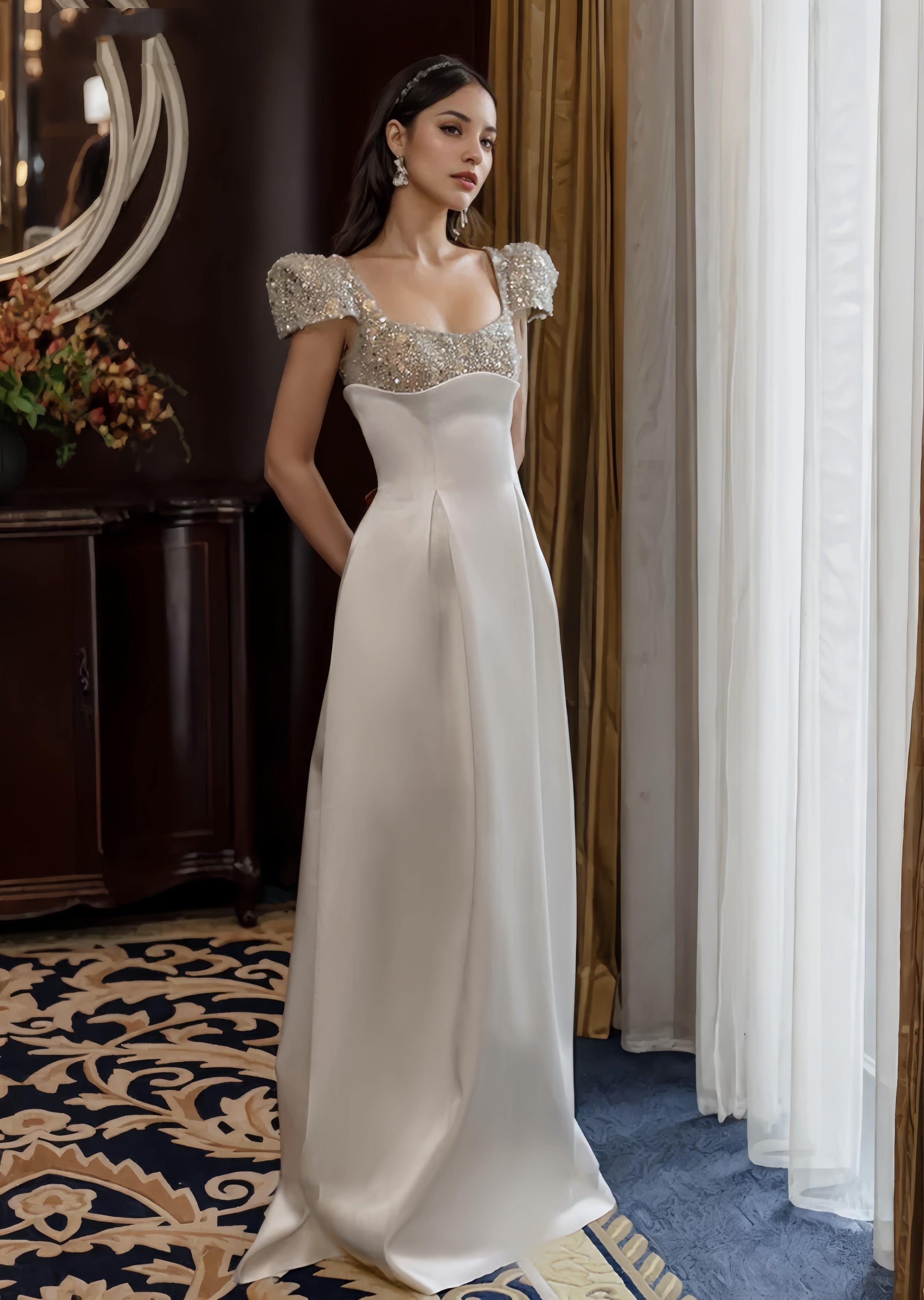 Beading Sequin Satin Cap Sleeve A Line Prom Dress