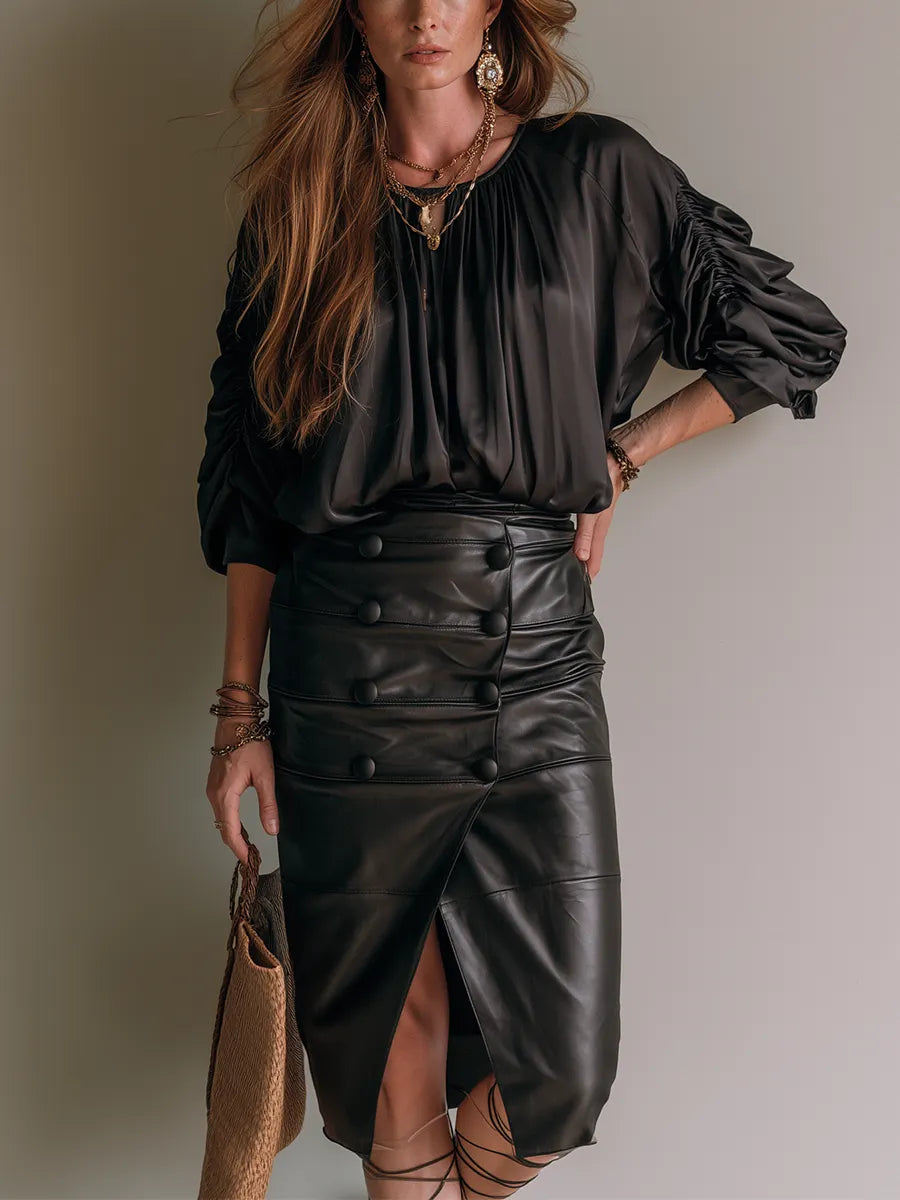 Soft Black PU Leather Slit Midi Skirt