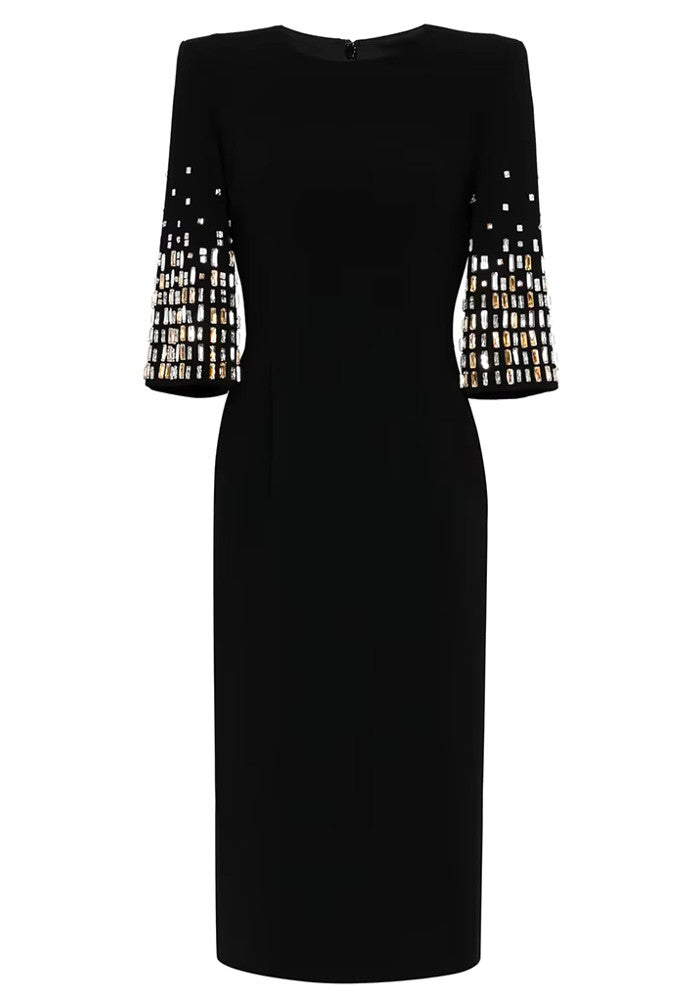 Short Sleeve Crystal Midi Dress Black