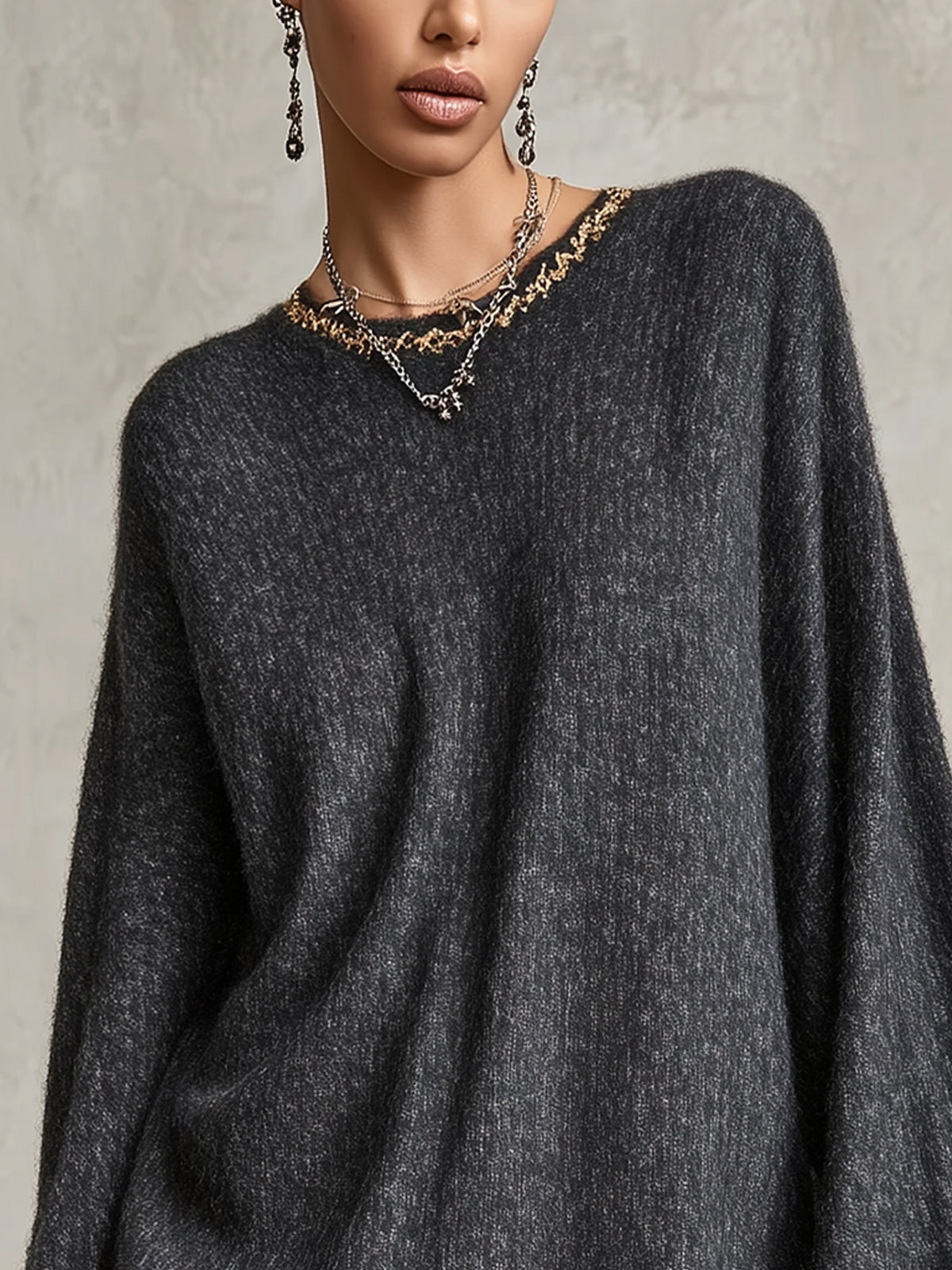 Oversized Gray Metallic Trim Knit Mini Dress