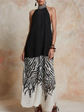 Elegant Retro Color-blocked Printed Black Chiffon Sleeveless Maxi Dress