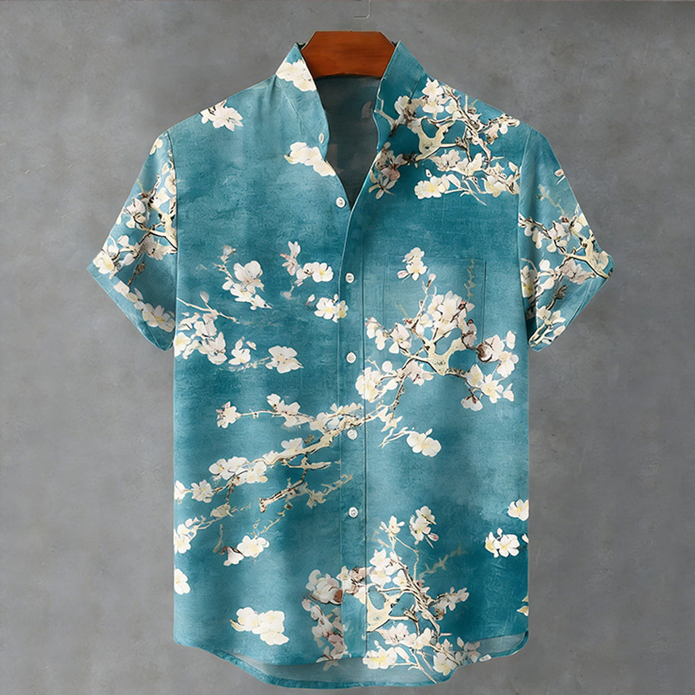 Japanese Style Retro Cherry Blossom Tree Cardigan Short Sleeve Shirt