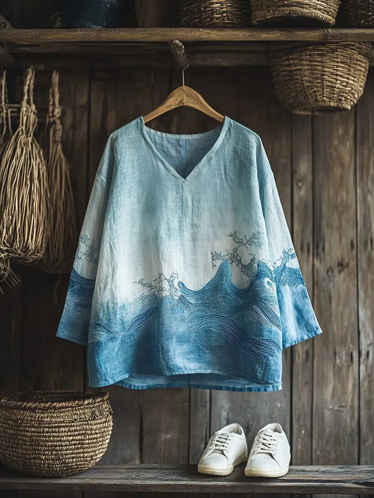 Vintage Japanese Waves Embroidered Gradient Linen Blend Cozy Tunic